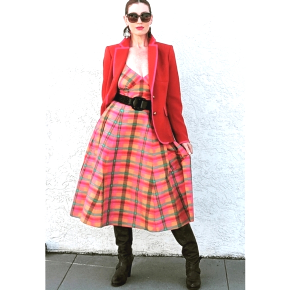 Issac Mizrahi 20th Anniversary Silk Pink/Orange Green/Blue Plaid Midi Dr…
